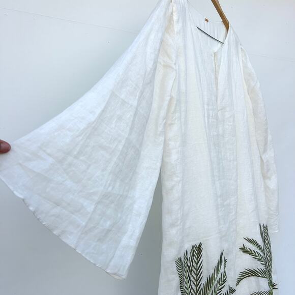 Juan de Dios Lisa Linen Midi Dress Embroidered Palm White Medium Caftan Cover-Up - Picture 10 of 13